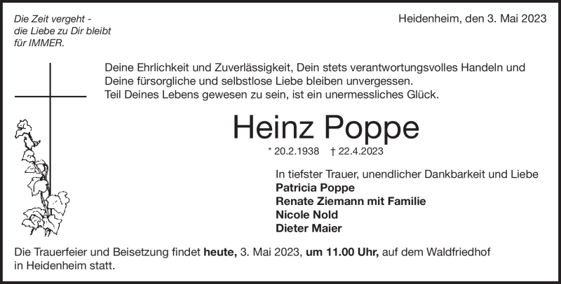  Traueranzeige für Heinz Poppe vom 03.05.2023 aus Heidenheimer Zeitung