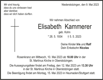 Traueranzeige von Elisabeth Kammerer von Heidenheimer Zeitung