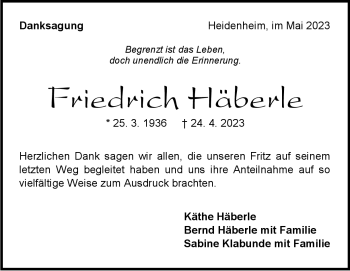 Traueranzeige von Friedrich Häberle von Heidenheimer Zeitung