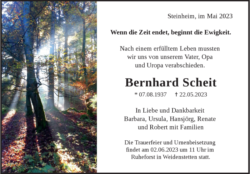  Traueranzeige für Bernhard Scheit vom 26.05.2023 aus Heidenheimer Zeitung