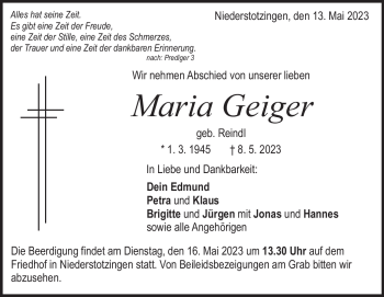 Traueranzeigen von Maria Geiger | trauer.hz.de