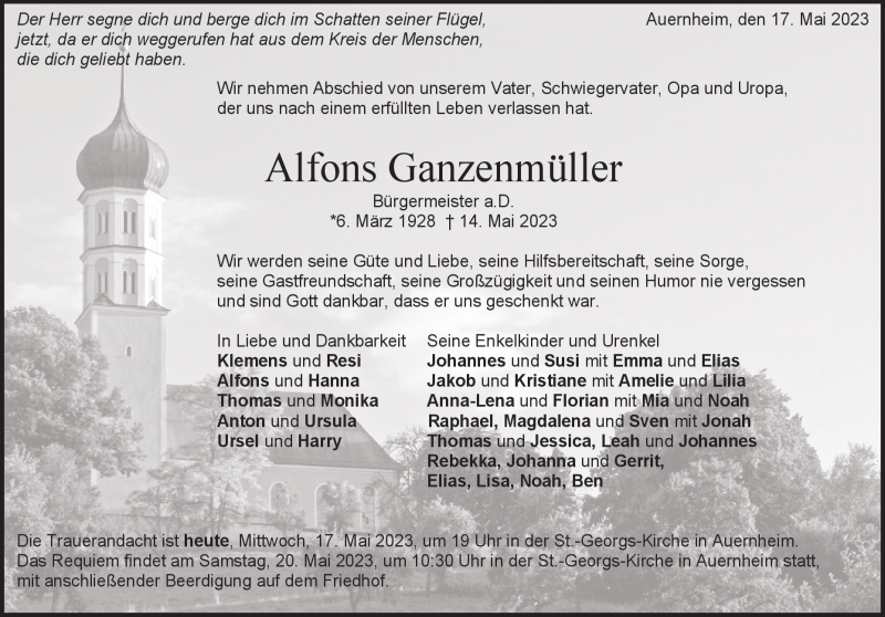  Traueranzeige für Alfons  Ganzenmüller vom 17.05.2023 aus Heidenheimer Zeitung