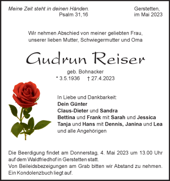 Traueranzeige von Gudrun Reiser von Heidenheimer Zeitung