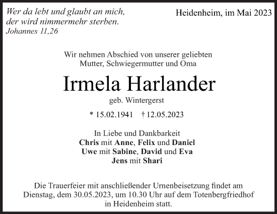 Traueranzeige von Irmela Harlander von Heidenheimer Zeitung
