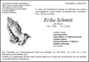 Traueranzeige von Erika Schmitt von Heidenheimer Zeitung