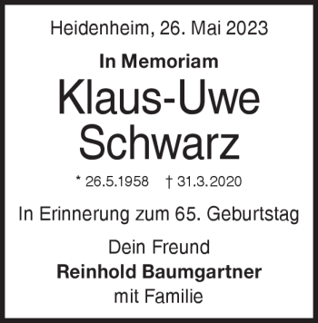 Traueranzeige von Klaus-Uwe Schwaz von Heidenheimer Zeitung