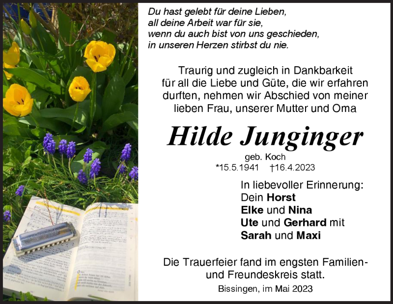 Traueranzeige für Hilde Junginger vom 04.05.2023 aus Heidenheimer Zeitung