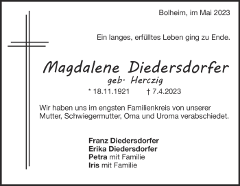 Traueranzeige von Magdalena Diedersdorfer von Heidenheimer Zeitung