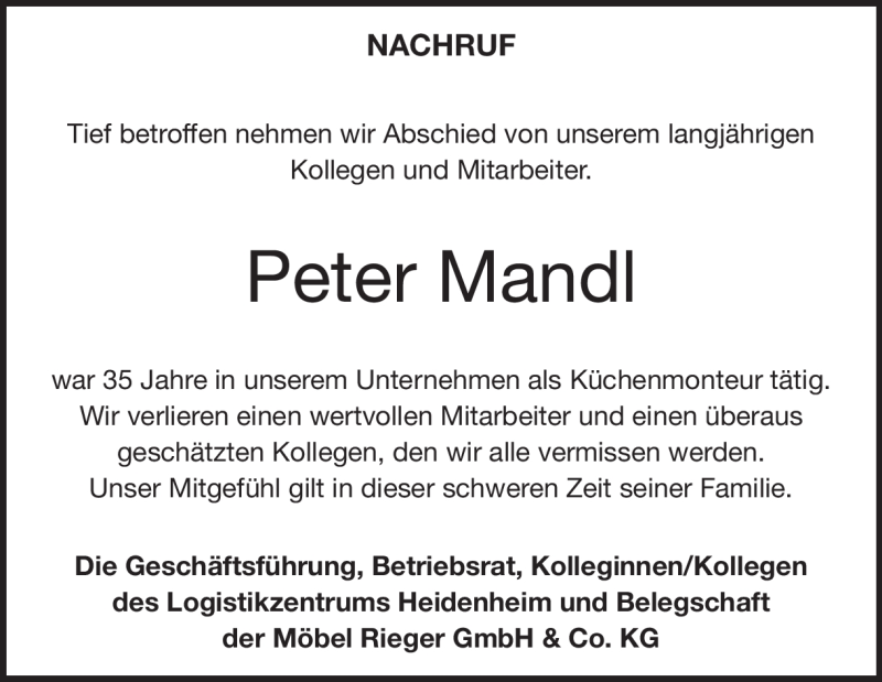  Traueranzeige für Peter Mandl vom 13.05.2023 aus Heidenheimer Zeitung