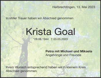 Traueranzeige von Krista  Goal  von Heidenheimer Zeitung