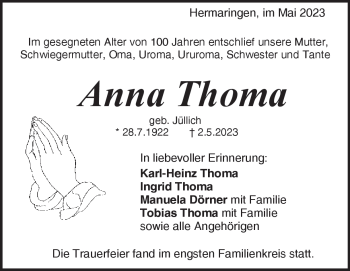 Traueranzeige von Anna Thoma von Heidenheimer Zeitung