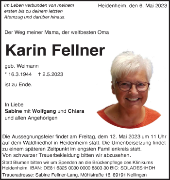 Traueranzeige von Karin Fellner von Heidenheimer Zeitung
