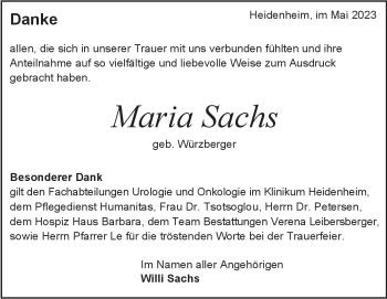 Traueranzeige von Maria Sachs von Heidenheimer Zeitung