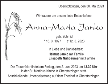Traueranzeige von Anna-Maria Janko von Heidenheimer Zeitung