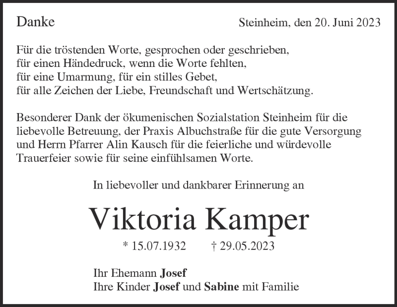  Traueranzeige für Viktoria Kamper vom 20.06.2023 aus Heidenheimer Zeitung