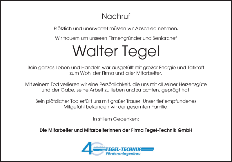  Traueranzeige für Walter Tegel  vom 10.06.2023 aus Heidenheimer Zeitung