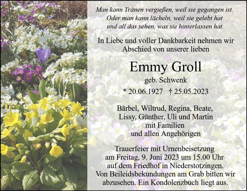  Traueranzeige für Emmy Groll vom 03.06.2023 aus Heidenheimer Zeitung