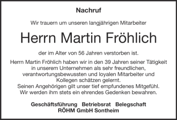 Traueranzeige von Martin Fröhlich von Heidenheimer Zeitung
