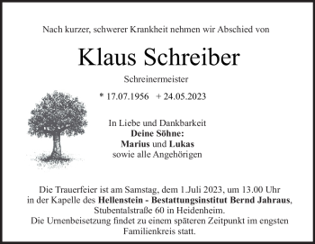 Traueranzeige von Klaus Schreiber von Heidenheimer Zeitung