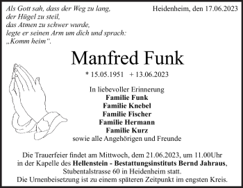 Traueranzeige von Manfred Funk von Heidenheimer Zeitung