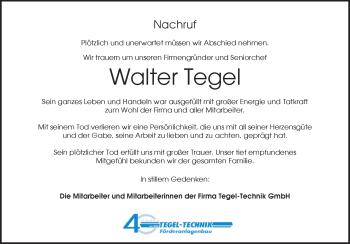 Traueranzeige von Walter Tegel  von Heidenheimer Zeitung