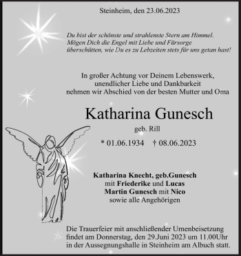 Traueranzeige von Katharina Gunesch von Heidenheimer Zeitung