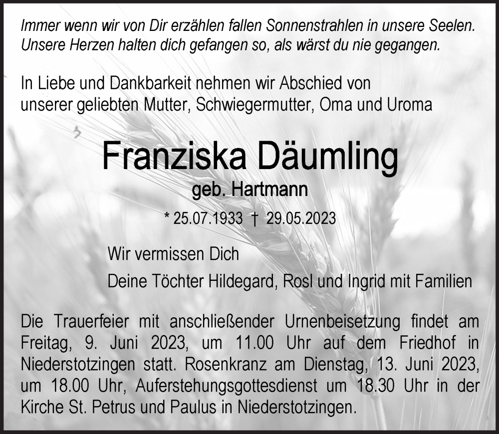 Traueranzeige für Franziska Däumling vom 06.06.2023 aus Heidenheimer Zeitung