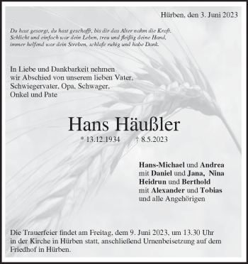 Traueranzeige von Hans Häußler von Heidenheimer Zeitung