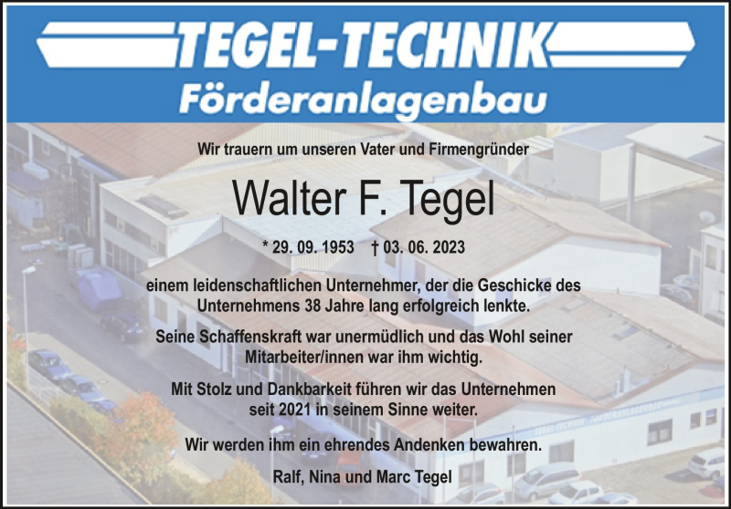 Traueranzeige für Walter Tegel  vom 07.06.2023 aus Heidenheimer Zeitung