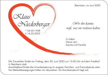 Traueranzeige von Klaus Niederberger von Heidenheimer Zeitung