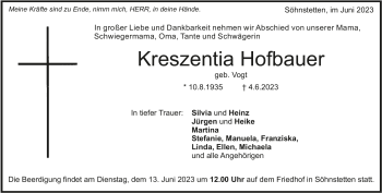 Traueranzeige von Kreszentia Hofbauer von Heidenheimer Zeitung