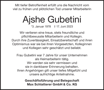 Traueranzeige von Ajshe Gubetini von Heidenheimer Zeitung