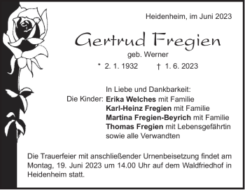 Traueranzeige von Gertrud  Fregien  von Heidenheimer Zeitung