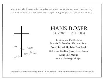 Traueranzeige von Hans Boser von Heidenheimer Zeitung
