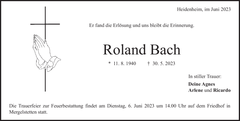  Traueranzeige für Roland Bach vom 03.06.2023 aus Heidenheimer Zeitung