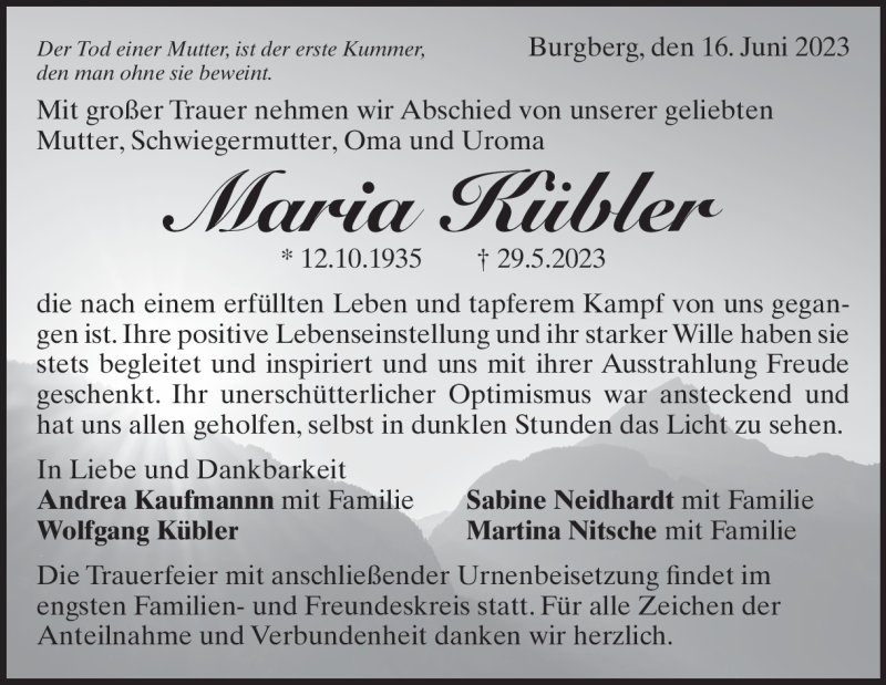  Traueranzeige für Maria Kübler vom 16.06.2023 aus Heidenheimer Zeitung