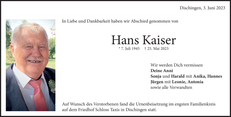  Traueranzeige für Hans Kaiser vom 03.06.2023 aus Heidenheimer Zeitung