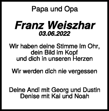 Traueranzeige von Franz Weiszhar von Heidenheimer Zeitung