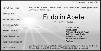 Traueranzeige von Fridolin Abele von Heidenheimer Zeitung