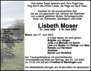 Traueranzeige von Lisbeth Moser von Heidenheimer Zeitung
