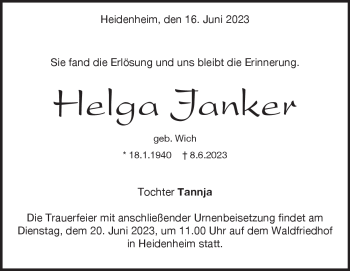 Traueranzeige von Helga Janker von Heidenheimer Zeitung
