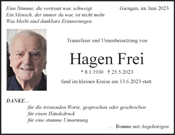 Traueranzeige von Hagen Frei von Heidenheimer Zeitung
