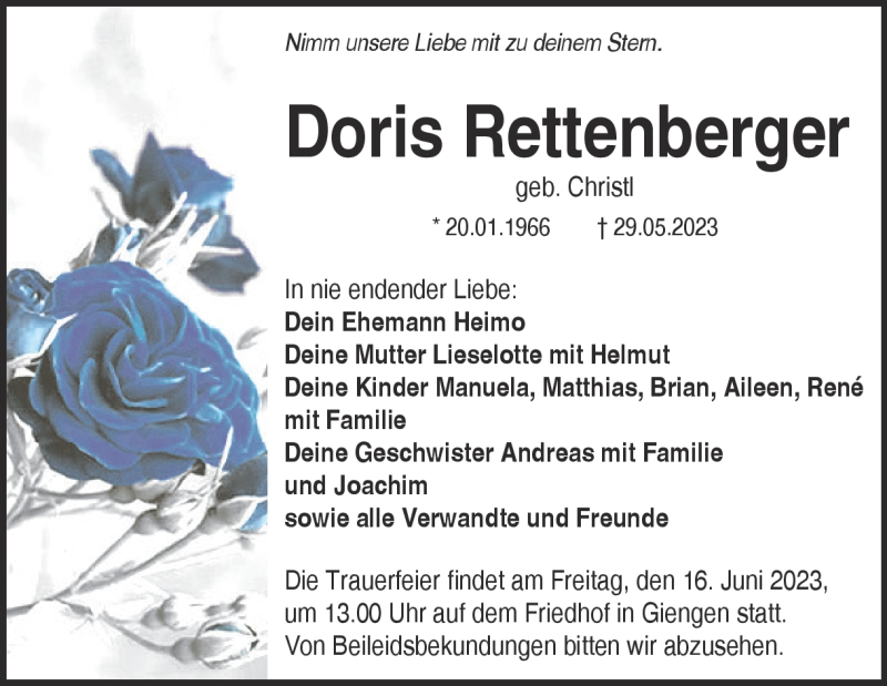  Traueranzeige für Doris Rettenberger vom 07.06.2023 aus Heidenheimer Zeitung