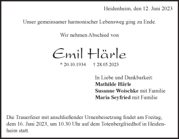 Traueranzeige von Emil  Härle  von Heidenheimer Zeitung