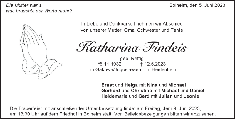  Traueranzeige für Katharina Findeis vom 05.06.2023 aus Heidenheimer Zeitung