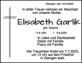Traueranzeige von Elisabeth Garlik von Heidenheimer Zeitung