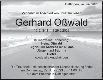Traueranzeige von Gerhard Oßwald von Heidenheimer Zeitung