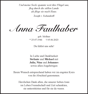 Traueranzeige von Anna Faulhaber von Heidenheimer Zeitung
