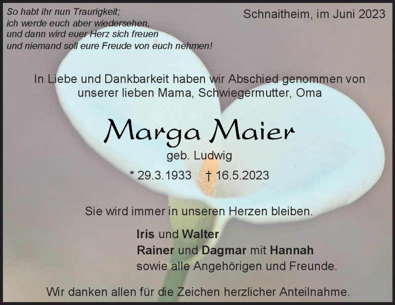  Traueranzeige für Marga Maier vom 09.06.2023 aus Heidenheimer Zeitung