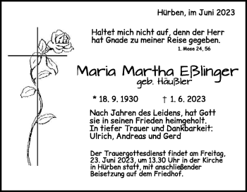 Traueranzeige von Maria Martha Eßlinger von Heidenheimer Zeitung